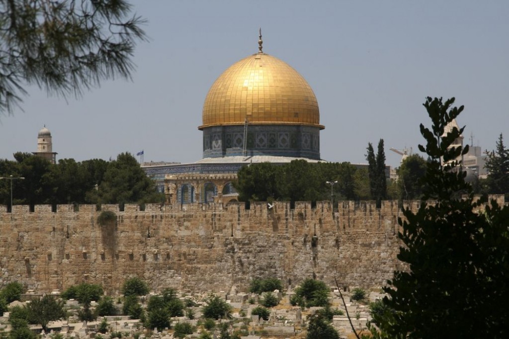 View of the Dome of the Rock and the walls of the Old City of Jerusalem from in front of the Russian Orthodox Church of Mary Magdelene.